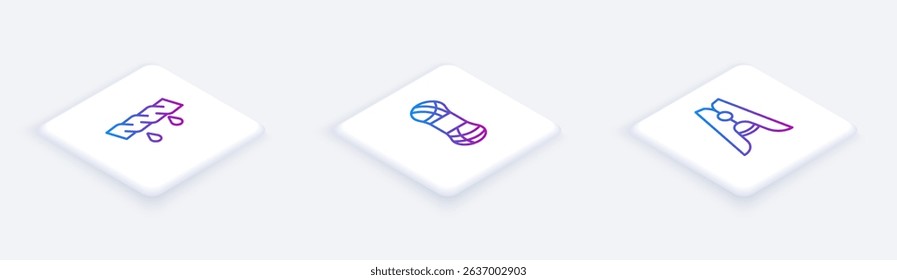 Set Isometric line Squeeze clothes, Yarn and Clothes pin. White square button. Vector