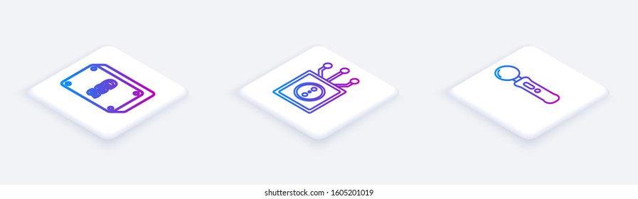 Set Isometric line SSD card, Remote control and Gamepad. White square button. Vector