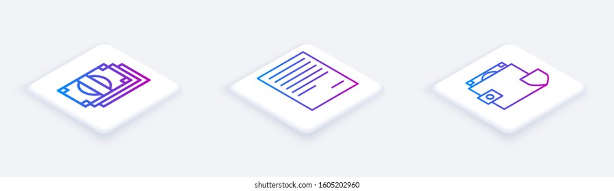 Set Isometric line Stacks paper money cash, Document and Wallet and money with shield. White square button. Vector