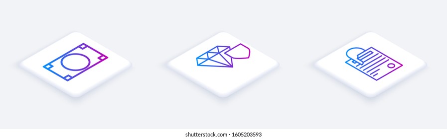 Set Isometric line Stacks paper money cash, Diamond with shield and File document and paper clip. White square button. Vector