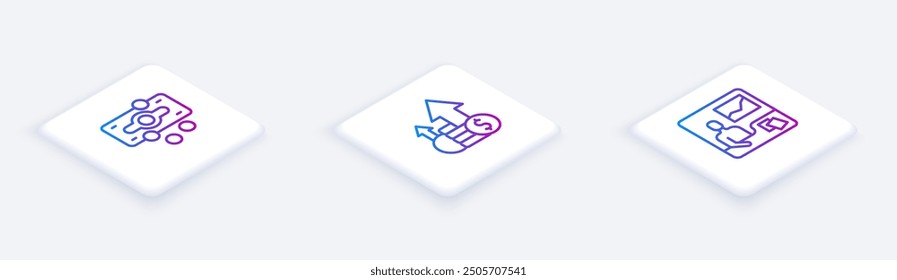 Set Isometric line Stacks paper money cash, Financial growth and coin and Trading courses. White square button. Vector