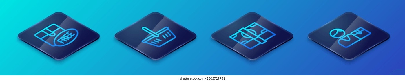 Set Isometric line Stacks paper money cash, Cardboard box with free symbol, Buyer and Shopping basket icon. Vector