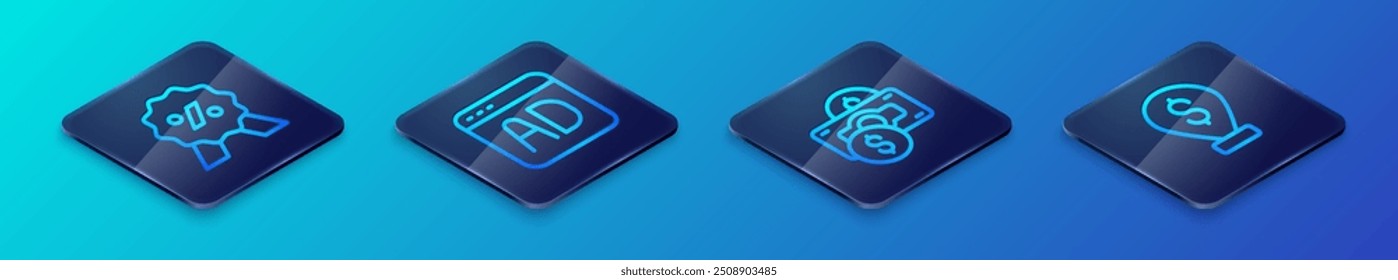 Set Isometric line Stacks paper money cash, Discount percent tag, Cash location pin and Advertising icon. Vector