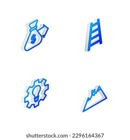 Set Isometric line Stair with finish flag, Money bag, Light bulb and gear and Mountains icon. Vector