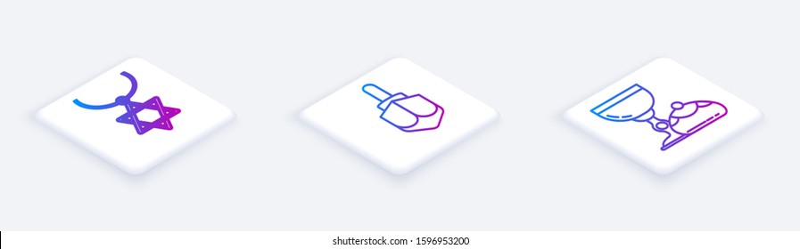 Set Isometric line Star of David necklace on chain, Hanukkah dreidel and Jewish goblet and hanukkah sufganiyot. White square button. Vector