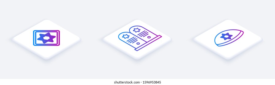 Set Isometric line Star of David, Tombstone with star of david and Jewish kippah with star of david. White square button. Vector