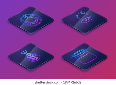 Set Isometric line Star of David, Unicycle or one wheel bicycle, Magic ball on hand and Magician hat. Blue square button. Vector