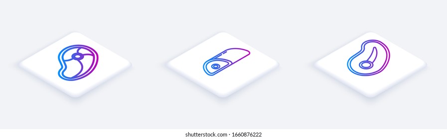 Fijar la línea isométrica carne de filete, carne y carne de filete. Botón cuadrado blanco. Vector