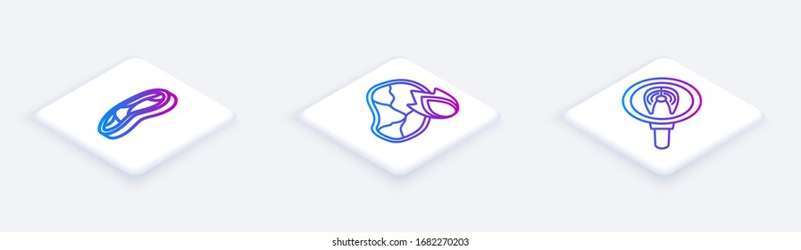 Set Isometric line Steak meat, Grilled steak meat and fire flame and Fish steak in frying pan. White square button. Vector