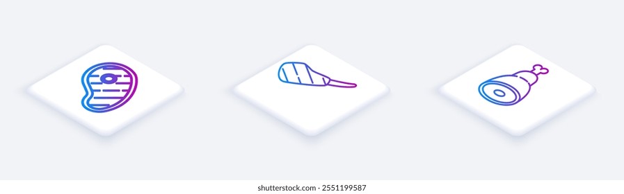 Set Isometric line Steak meat, Rib eye steak and Chicken leg. White square button. Vector