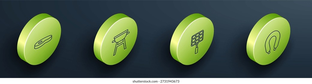 Conjunto de línea isométrica de carne de bistec, parrilla de barbacoa, rejilla de acero y salchicha icono. Vector