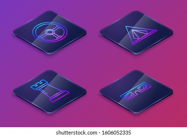 Set Isometric line Steering wheel, Chess symbol, Tourist tent and 3D cinema glasses. Blue square button. Vector