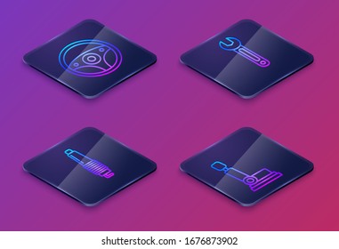 Set Isometric line Steering wheel, Car spark plug, Wrench and Car seat. Blue square button. Vector