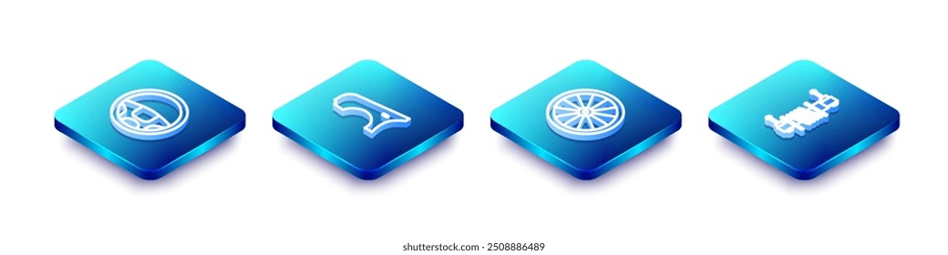 Set Isometric line Steering wheel, Car fender,  and Shock absorber icon. Vector
