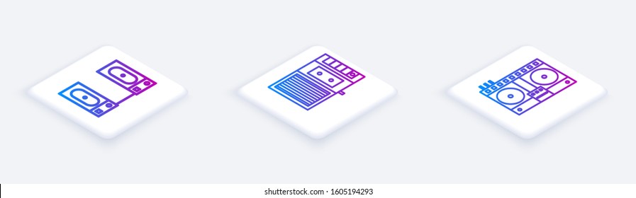 Set Isometric line Stereo speaker, Music tape player and DJ remote for playing and mixing music. White square button. Vector