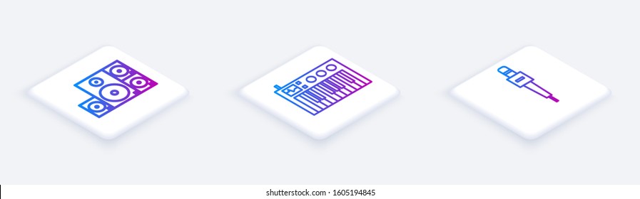 Set Isometric line Stereo speaker, Music synthesizer and Microphone. White square button. Vector