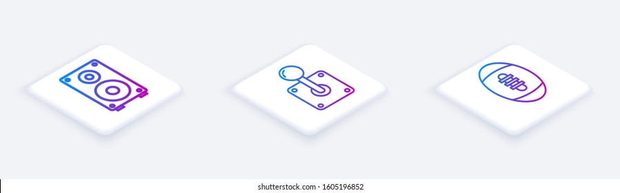Set Isometric line Stereo speaker, Joystick for arcade machine and American Football ball. White square button. Vector
