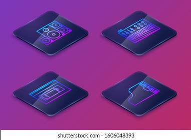 Set Isometric line Stereo speaker, VHS video cassette tape, Music synthesizer and Grand piano. Blue square button. Vector