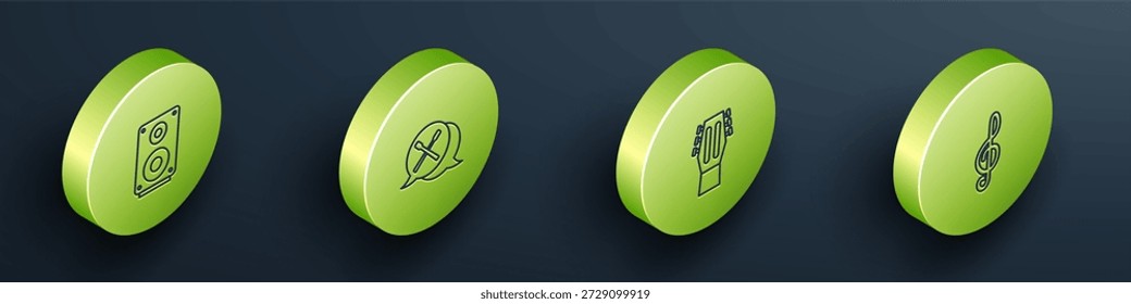 Altavoz estéreo de línea isométrica, palos de batería, icono de clave de guitarra y agudos. Vector