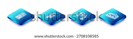 Set Isometric line Stereo speaker, Firework rocket, Glass of champagne and Piece cake icon. Vector