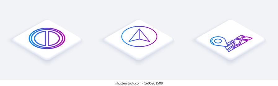 Set Isometric line Stop sign, Paper airplane and Folded map with location marker. White square button. Vector