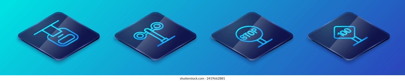 Fijar la señal de parada de línea isométrica, Cable car, Velocidad límite tráfico 100 km e icono de la luz del tren. Vector