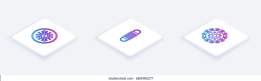 Set Isometric line Stop virus, Medical protective mask and Virus. White square button. Vector