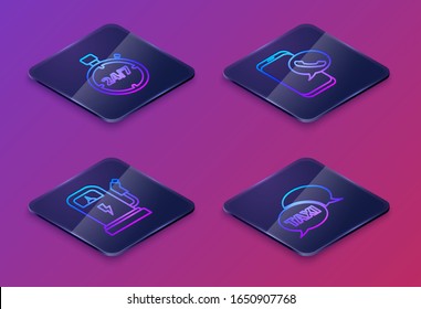 Set Isometric line Stopwatch 24 hours, Electric car charging station, Taxi call telephone service and Taxi call telephone service. Blue square button. Vector