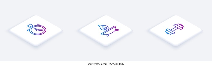 Set Isometric line Stopwatch, Aroma candle and Dumbbell. White square button. Vector