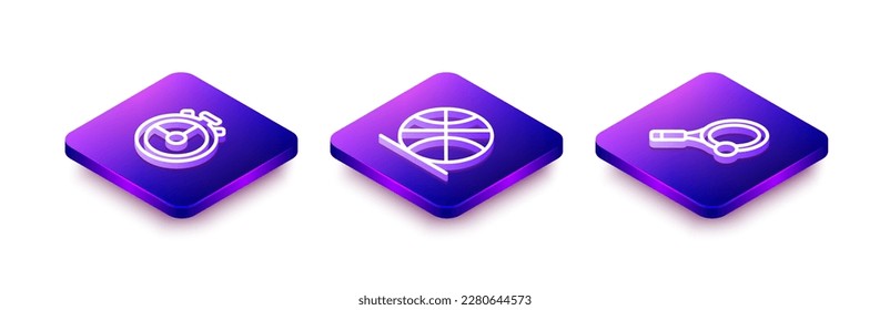Set Isometric line Stopwatch, Basketball ball and Tennis racket with icon. Vector