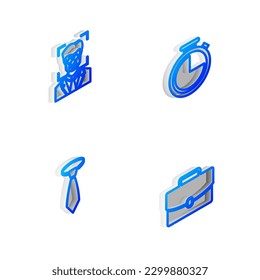 Set Isometric line Stopwatch, Face recognition, Tie and Briefcase icon. Vector