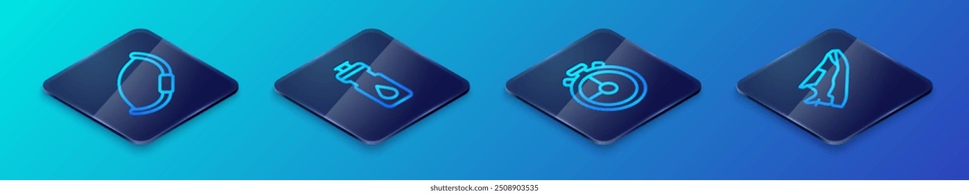 Cronómetro de línea isométrica, lazo medieval, zapatillas de deporte de fitness y el icono de la coctelera. Vector
