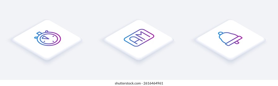 Set Isometric line Stopwatch, Morning time and Ringing bell. White square button. Vector