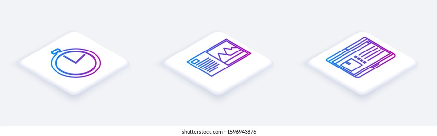 Set Isometric line Stopwatch , Postcard  and Laptop with app delivery tracking . White square button. Vector