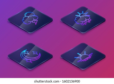 Set Isometric line Storm, Moon and stars, Cloud with rain and sun and Sunrise. Blue square button. Vector