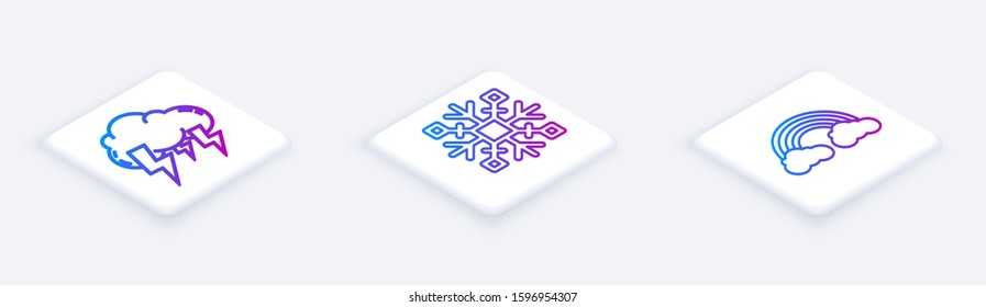 Set Isometric line Storm, Snowflake and Rainbow with clouds. White square button. Vector
