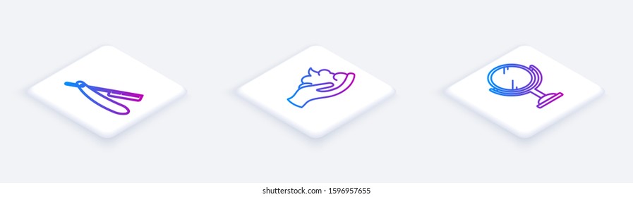 Set Isometric line Straight razor, Shaving gel foam on hand and Hand mirror. White square button. Vector