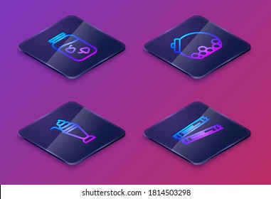Set Isometric line Strawberry jam jar, Milkshake, Glass with candies inside and Sugar stick packets. Blue square button. Vector