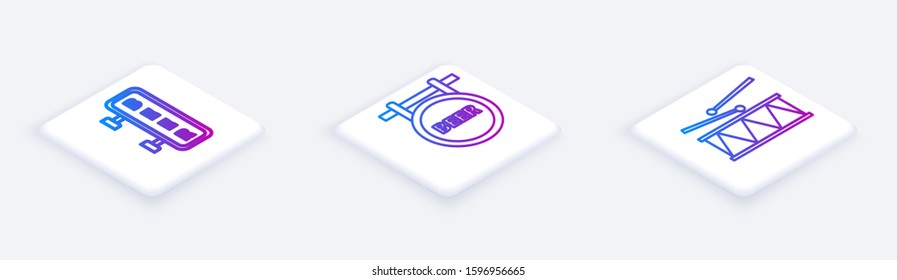 Set Isometric line Street signboard with inscription Beer, Street signboard with inscription Beer and Musical instrument drum and drum sticks. White square button. Vector