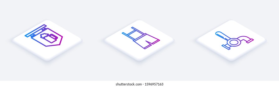 Set Isometric line Street signboard with glass of beer, Lederhosen and Beer tap. White square button. Vector