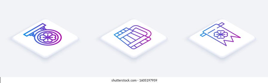 Set Isometric line Street signboard with four leaf clover, Wooden beer mug and Four leaf clover and party pennant. White square button. Vector