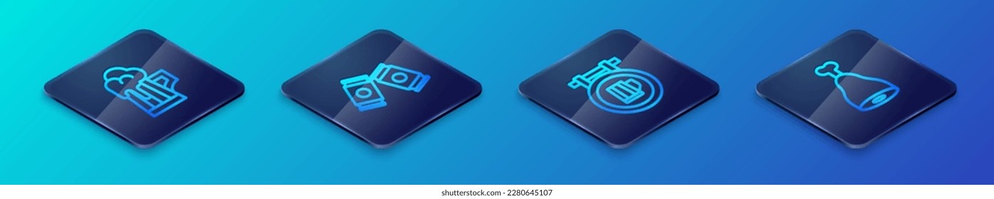 Set Isometric line Street signboard with beer, Wooden mug, Chicken leg and Beer can icon. Vector