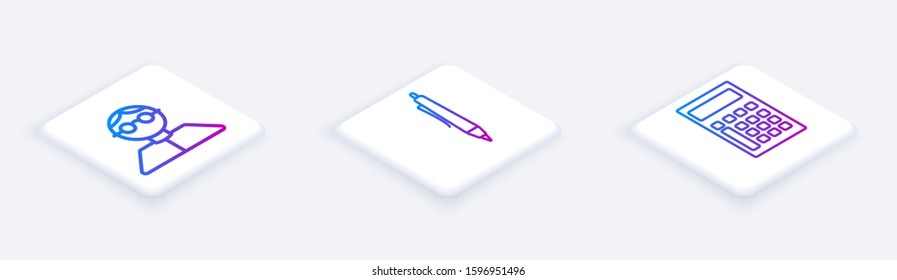 Set Isometric line Student, Pen and Calculator. White square button. Vector