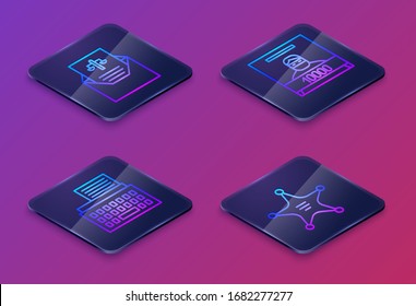Set Isometric line Subpoena, Retro typewriter, Wanted poster and Hexagram sheriff. Blue square button. Vector