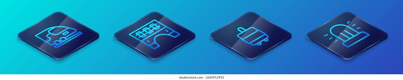 Set Isometric line Suitcase, High-speed train, Flasher siren and Bridge for icon. Vector