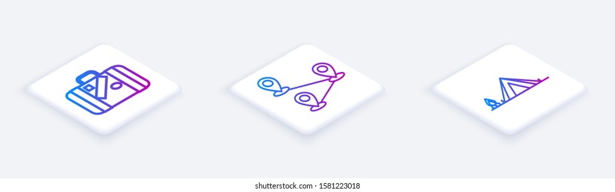 Set Isometric line Suitcase for travel and stickers, Route location and Tourist tent with wood fire. White square button. Vector