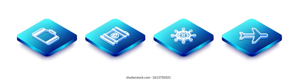 Set Isometric line Suitcase for travel, Barrel oil, Project management and Plane icon. Vector