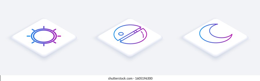 Set Isometric line Sun, Death star and Moon and stars. White square button. Vector