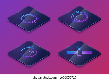 Set Isometric line Sun, Planet, Astronaut helmet and Satellite. Blue square button. Vector