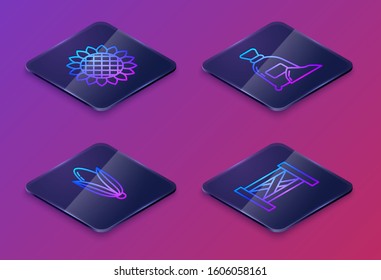 Set Isometric line Sunflower, Corn, Bag of flour and Garden fence wooden. Blue square button. Vector